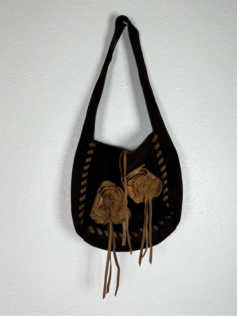 ⁠Y2K Express Brown Genuine Suede Leather Whipstitch Floral Flower Hobo Bag